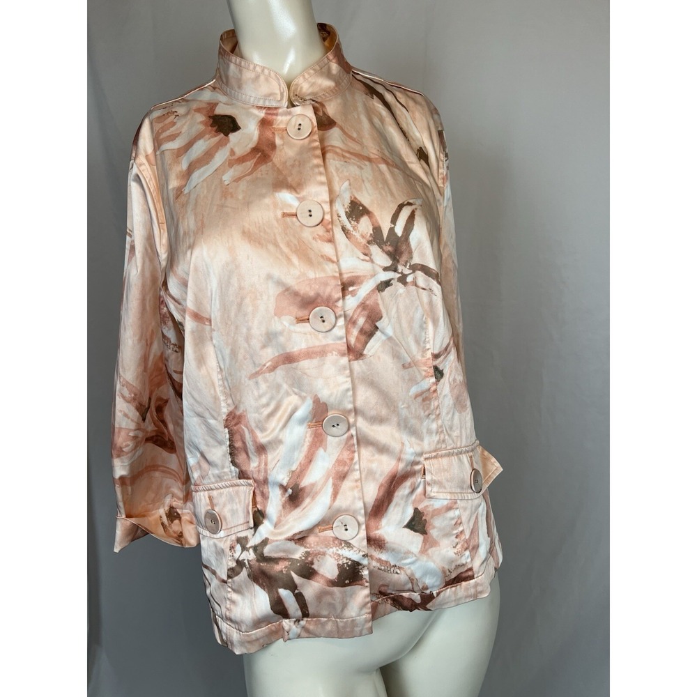 Chico's Peach Floral Print Button Down, Pockets Jacket Blazer Size 2/L